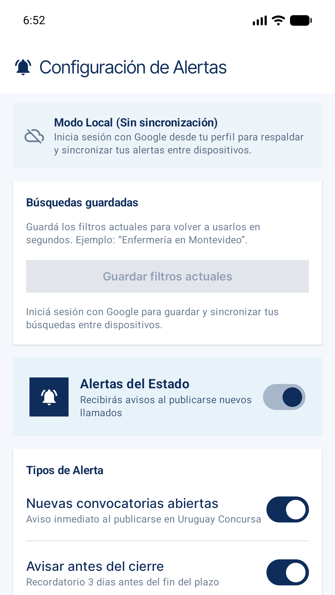 Pantalla de alertas para nuevos llamados públicos